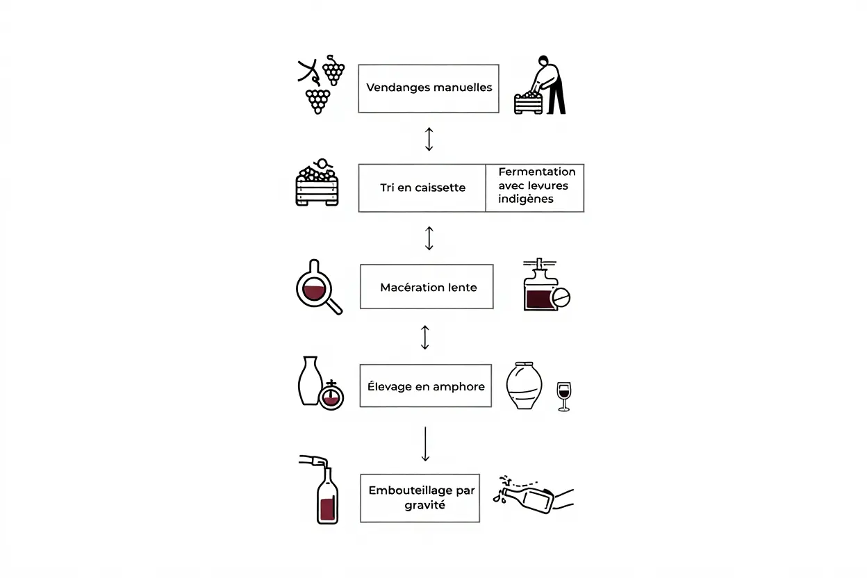 Arbre décisionnel du vin montrant les étapes: vendanges manuelles, tri en caissette, fermentation avec levures indigenes, macération lente, élevage en amphore, embouteillage par gravité, lien avec vin naturel vs conventionnel.