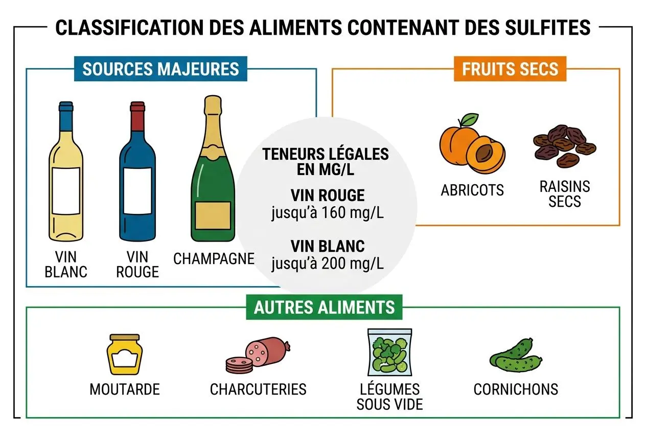 Classification des aliments contenant des sulfites avec sources majeures, fruits secs et autres aliments; illustration de bouteilles, fruits, charcuteries, légumes sous vide et cornichons. Intègre le concept sulfites et foie.