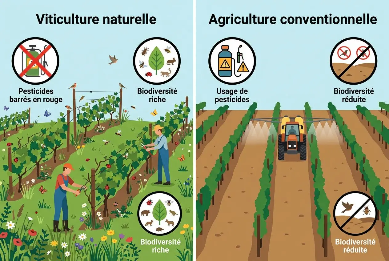 Comparatif visuel: viticulture naturelle vs agricole conventionnelle, avec biodiversité riche et pesticides interdits dans la première et usage de pesticides dans la seconde.