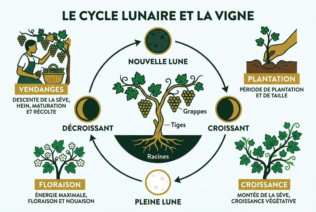 Cycle lunaire et la vigne: schéma éducatif montrant les phases et le cycle de croissance du raisin, avec des étiquettes comme vendanges, plantation, floraison et pleine lune. vin bio c est quoi