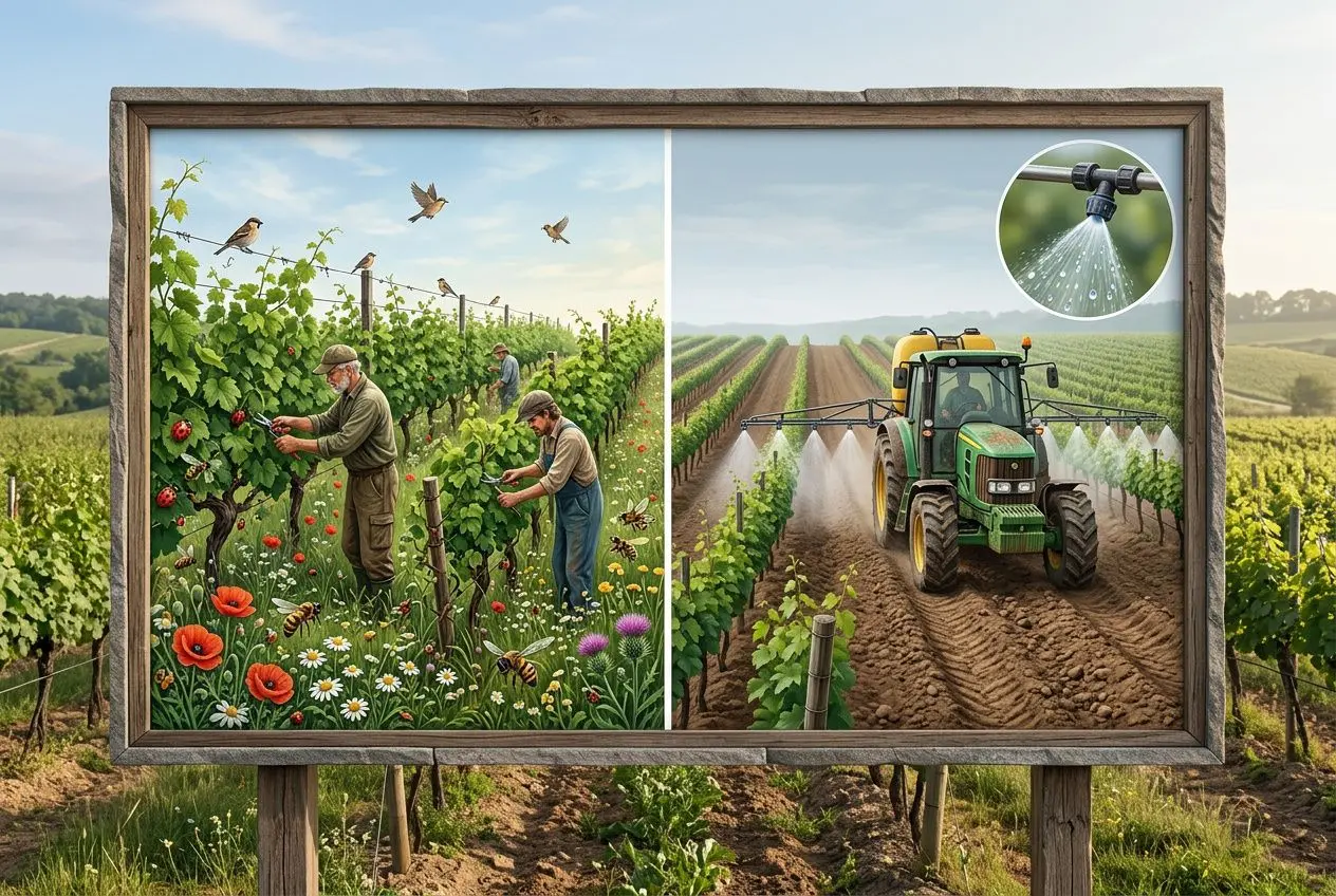 Panneau illustrant la viticulture: à gauche, vignerons taillant une vigne parmi fleurs et papillons; à droite, tracteur arrosant les rangs dans un vignoble, vue rurale. cépage définition intégrée naturellement.