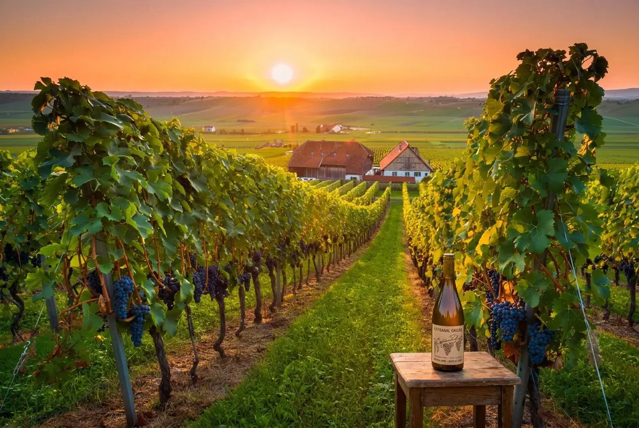 Vignoble au coucher de soleil avec rangs de vignes et une bouteille de vin sur une table en bois, paysage rural. vin naturel c'est quoi intégré naturellement.