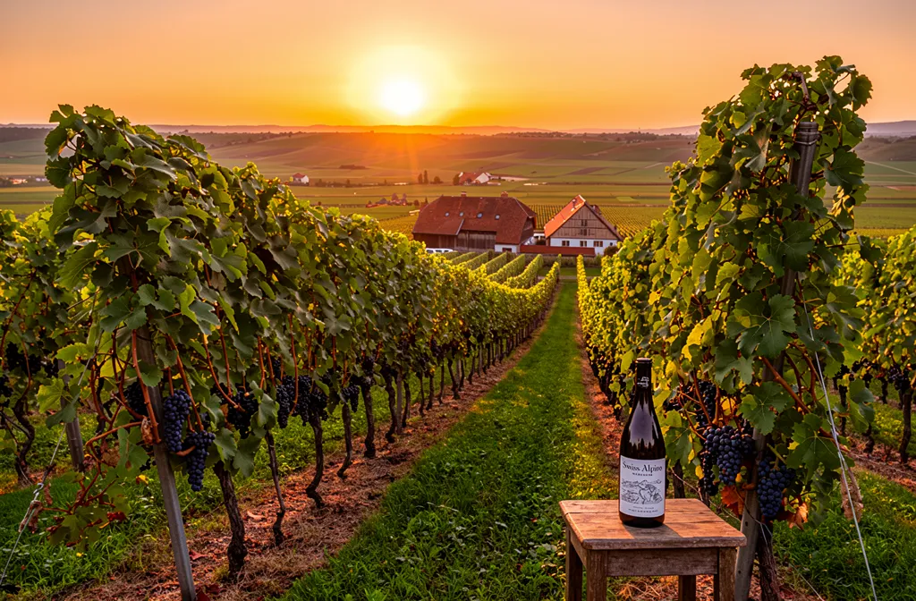 Foule de vignes en rangs, coucher de soleil doré sur le vignoble suisse; une bouteille et un verre sur une table en bois au premier plan, mettant en valeur le lien entre cépages et terroir.
