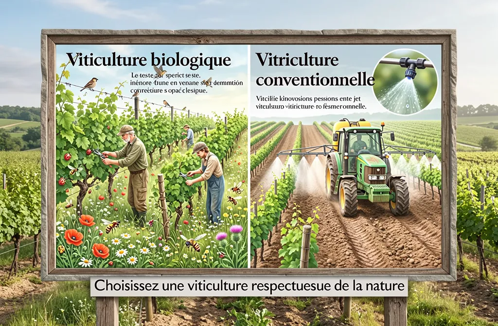 Panneau rural montrant la viticulture biologique et conventionnelle, avec des vignes, des agriculteurs et un tracteur, et le message “Choisissez une viticulture respectueuse de la nature”, lien avec cépages et terroir.
