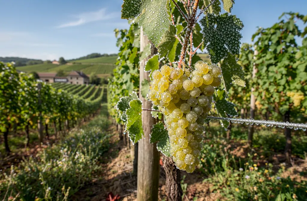 Raisin blanc en grappe mûrissant, vignoble en rangées sous le soleil, feuilles et rosée sur ce cépage; les cépages et leurs arômes.