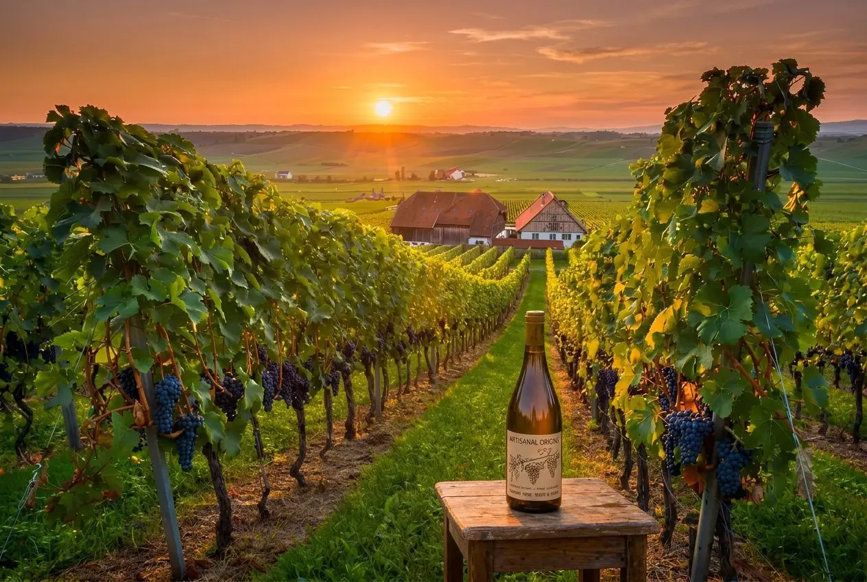 Vigne en rangs pleins de feuilles au coucher de soleil, bouteille sur une table en bois au milieu des rangs, paysage viticole vallonné. tailler une vigne en hiver est évoqué.