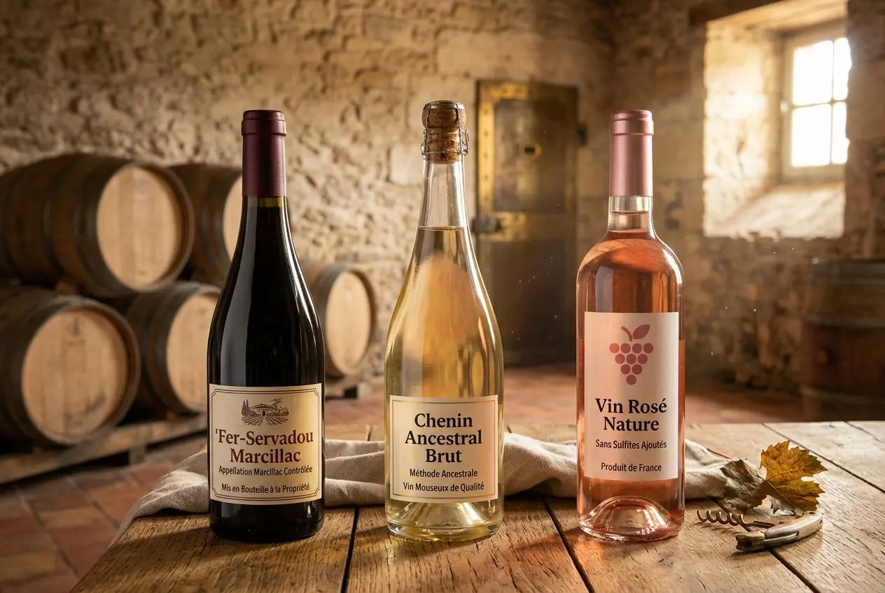 Trois bouteilles de vin sur une table en bois, dans une cave avec barriques en arrière-plan, l’une rose rosé nature. intégrant le mot-clé: meilleur site pour acheter du vin nature